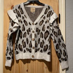 Chaser Button Front Cardigan Sweater Medium Cheetah Cozy Ruffle Long Sleeve Photo 0
