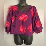 A New Day purple floral puffy sleeve vneck blouse Photo 0