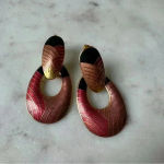 Vintage Dangle Long Pierced Black Red Gold Enamel Geometric‎ Print Earrings Photo 0