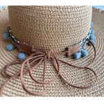 Nicole Marciano 100% Straw Tan Sun Hat with Blue Pom Poms & Tie Photo 1