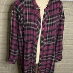 Free People  Pink Black Plaid Fringe Duster Flannel Oversized Medium Photo 0
