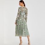 Mac Duggal 5716 Womens Green Sequined Floral Long Sleeve High Neck Midi Dress Photo 3