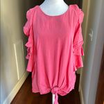 Umgee  Coral Pink Cold Shoulder Linen blend Blouse with Elegant Ruffle Details Photo 1