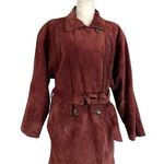 Henri Bendel Vintage Suede Coat Red Leather Belted Double Breasted Cherry Photo 0