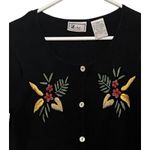 DB Line Womens Short Sleeve Sweater Size S Black Floral Button Up Embroidered Photo 2