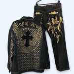 Y2K Royal Army Men Jacket & Jeans Set Baggy Hip Hop Skater Wings Cross Gothic Grunge Rhinestones Embroidered #2000s #Streetwear #Rare Black Size XXL Photo 1