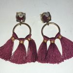 Boho Burgundy Maroon Tassel Fringe Dangling Gold Tone Earrings Photo 3