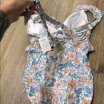 Floral sexy cutout one piece bathing suit with ruffles and adjustable tie back Blue Size L Photo 2