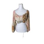 Altar'd State Pink Brown Patchwork Boho Crop Top Small Long Sleeve Tie Front Photo 9