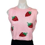 SheIn Women Pink Strawberry Print Knit Crew Neck Crop Sleeveless Vest Sweater S Photo 0
