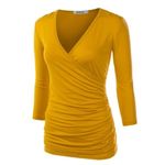 Doublju Yellow Wrap Top 3/4 Sleeve Ruched V Neck Casual T Photo 1
