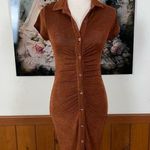 Funky Just Polly Slinky Bronze Button Up Dress! Brown Photo 1