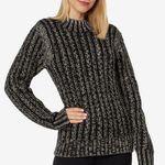 Blanc Noir® Lurex Cable Knit Sweater Size Large Black Silver Crew Neck NEW Photo 0