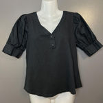 Gap Shirt Womens Small Black Puff Sleeve V Neck Button Front Hemp Cotton Top Photo 0