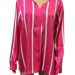 Investments  Pink White Striped Satin Long Sleeve Split Neck Blouse Womens Medium Photo 1