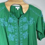 J Jill Linen Blend Sz Medium Kelly Green Blue Embroidered Boho Peasant Top Shirt Photo 1