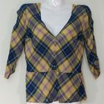 EXPRESS Yellow & Blue Plaid V-Neck Button Peplum Top Small Photo 0