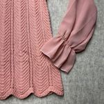 Womens Pink Knit Cardigan Ruffle Shear Sleeve Button Front Sweater Top LG NWOT Photo 2