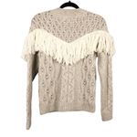 Amur Ulla Women's Size Large White Fringe Tan Cable Knit Wool Sweater Photo 2