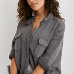 Aerie  lumberjane waffle knit oversized button up shirt grey size small Photo 0