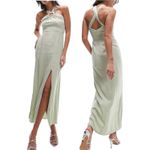Topshop New Ring Detail Halter Neck Side Slit Maxi Dress Sage Green Size 6 Photo 2