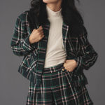 Anthropologie Maeve Plaid Faux Fur Collar Cropped Jacket Green Black Size L NWT Photo 0