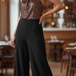 Julia Jordan NWT Sequin Halter Wide Leg Jumpsuit Black Gold Sz 10 Evening Glam Photo 0