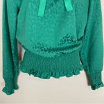 Blouse Green Leopard Print Tie Neck Ruched Elastic Waist Long Sleeves XXS Bright Photo 4