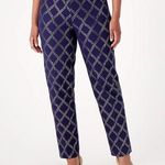 Isaac Mizrahi New Womens Live! Stretch Navy Blue Silver Foil Leaf Pants 12 T Tal Photo 0