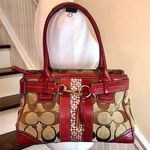 Coach Hampton Signature Logo Canvas Red Leather Shoulder Bag Rare Photo 0