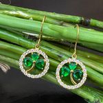 Goldplated CZ Emerald Green Crystal Glass Shamrock Lucky Clover Leaf Earrings Photo 3