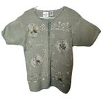 Vintage 90s Short Sleeve Sweater Womens Size M Floral Applique Buttons Embroider Green Size M Photo 0