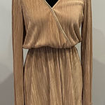 New Look Elegant Pleated Tan long sleeve v-neck Dress Photo 0
