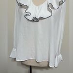 ZARA Blouse Ruffle Trim V-Neck Off-White Color Lightweight Semi-Sheer Top Size M Photo 2