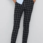 ZARA  Plaid Flat Front Elastic Waist Slim Cropped Pants Pockets XS Black White Photo 0