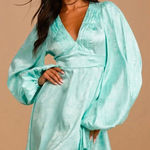 Lulus Stunning Moment Light Blue Satin Jacquard‎ Long Sleeve Mini Dress MEDIUM Photo 0