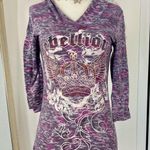 Early 2000's Grunge Tattoo Graphic Studded Gray Purple Grunge 3/4 Sleeve Top M Size M Photo 7