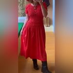 New Damson Madder Smocked Drop Waist Stretch Organic Cotton Midi Red Dress sz 14 Photo 2