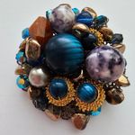 Large Blue Striped Brown Purple Faux Pearl Bead Gold Tone Metal Brooch Photo 2