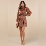 NWT Lulus Dress Ideal Behavior Bronze Metallic Backless Tiered Mini Dress Small Brown Photo 2