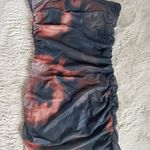 Women's Strapless Ruched Mini Dress, Lined Print Mesh Blue Size XS Photo 2