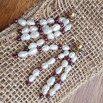 Garnet & Fresh Water Pearl Long Multiple Row Dangle Bead Pierced Earrings Red Photo 1