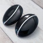 Vintage Stud Earrings For Pierced Ears Black & Silver Tone Statement Oval Retro Photo 5