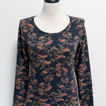 Peruvian Connection  Navy Blue Orange Floral Long Sleeve Knit Slim Fit Top Medium Photo 0