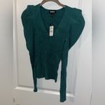 EXPRESS  NWT Stretch Ribbed Emerald Green Sz XXS V-Neck Long Puff Sleeve Sweater Photo 9