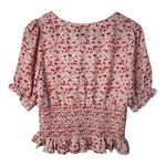 Atap Floral Smocked Tie Front Top Blouse Red White Short Sleeve Ruffle Size XL Photo 3
