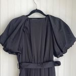 Entro Black Satin Bubble Puff Sleeves Faux Wrap Dress High Low Hem Belt‎ Midi S Photo 9