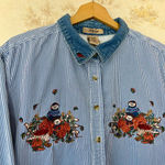 Vintage 90s blue striped denim fall pumpkin patch teddy bear button up shirt Size XXL Photo 0