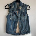 Free People jean jacket sz M distressed crochet Photo 0