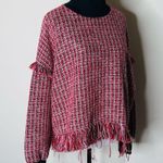 ZARA  Red Fringe Trim Tweed Sweater Photo 2